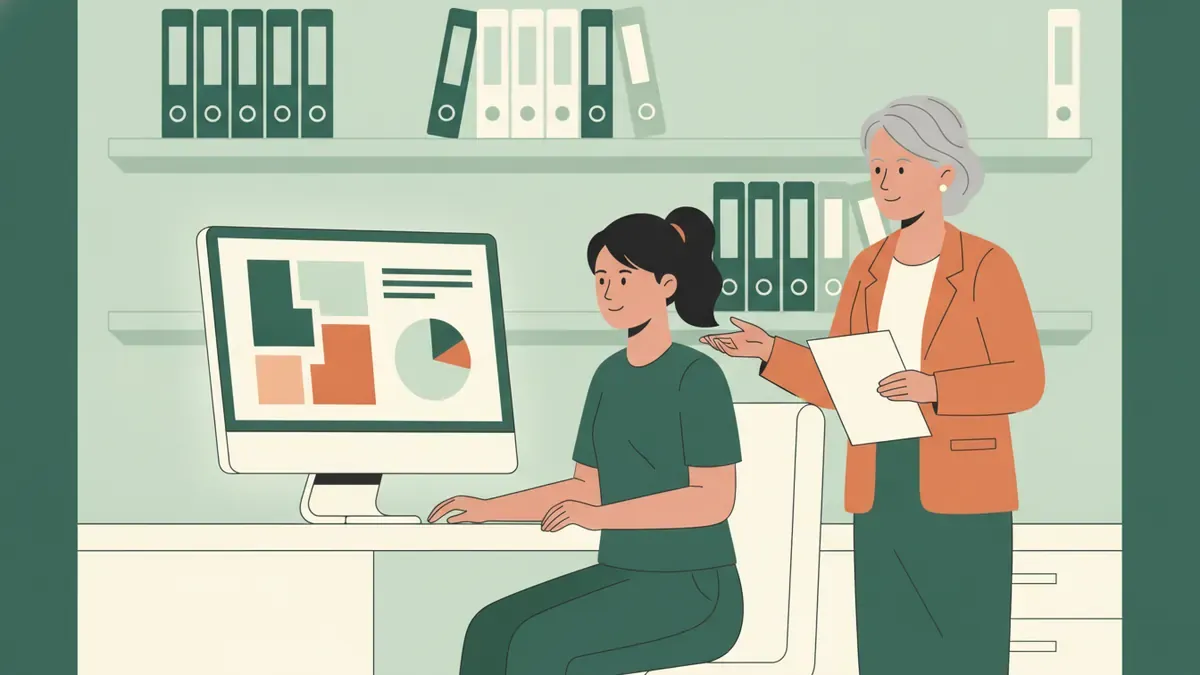 Illustration : une jeune apprentie travaille sur un ordinateur qui affiche des tableaux et un graphique ; sa tutrice, cheffe d'entreprise, se tient à côté d'elle avec une feuille à la main ; derrière, des étagères de classeurs.