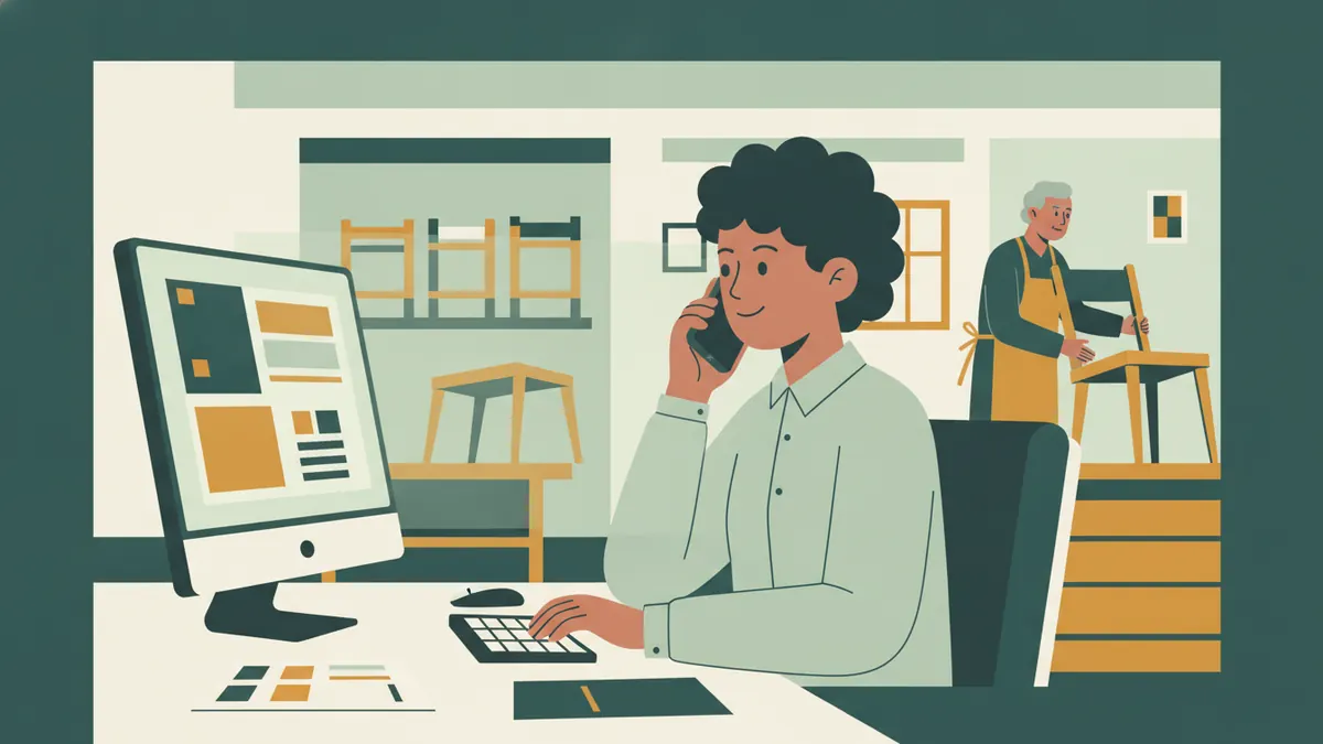 Illustration : dans le bureau d'un petit atelier de meubles, une jeune apprentie au téléphone avec un client prépare un devis sur son ordinateur ; derrière elle, par la porte vitrée, le patron travaille sur une chaise en bois.