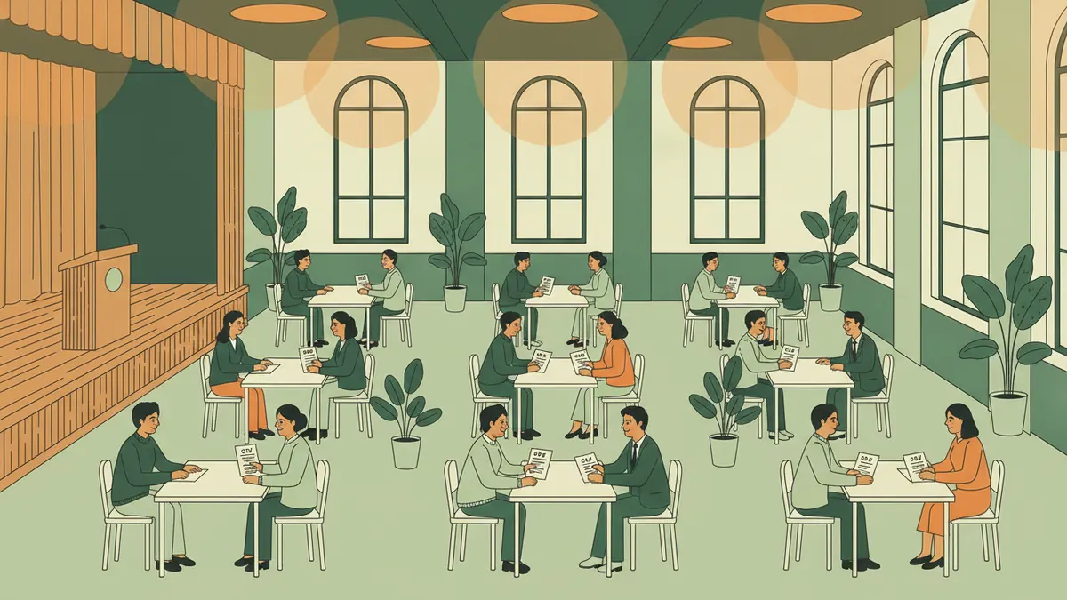 Illustration : un job dating dans une grande salle claire ; des étudiants, CV à la main, discutent avec des chefs de petites entreprises assis à des tables rondes, entre des plantes vertes.