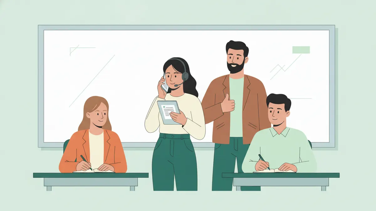 Illustration : dans une salle de cours, une étudiante avec un casque téléphonique s'entraîne à un appel de prospection en lisant une fiche, pendant que deux camarades prennent des notes et qu'un formateur lève le pouce.