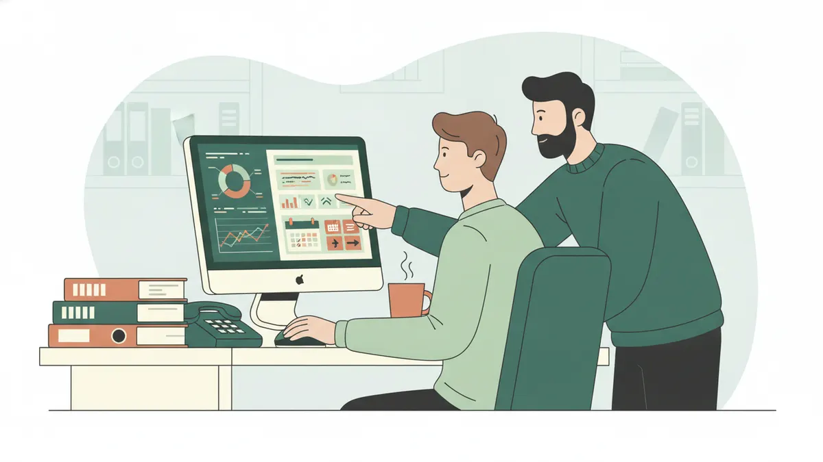 Illustration : dans le bureau d'une petite entreprise, un jeune apprenti vérifie des factures et un tableau de bord sur un écran, pendant que le dirigeant se penche pour lui montrer un planning de livraisons ; classeurs, téléphone et tasse de café sur le bureau.