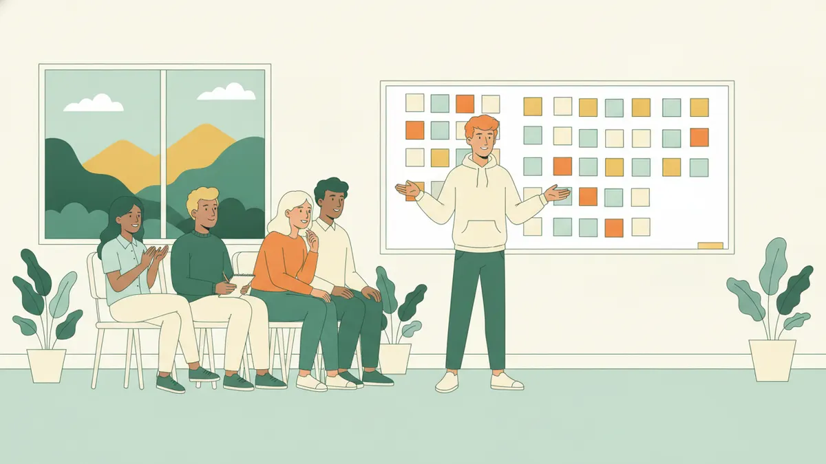 Illustration : dans une salle de formation lumineuse, un étudiant présente ses idées devant un tableau couvert de post-it colorés ; quatre autres étudiants l'écoutent et réagissent.