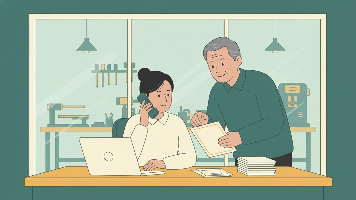 Illustration : une jeune apprentie téléphone à son bureau, devant un ordinateur portable et une pile de factures ; le patron de la petite entreprise se penche pour lui montrer un document ; derrière la vitre, on aperçoit l'atelier.