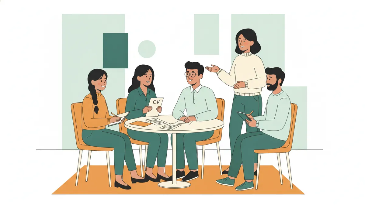 Illustration : un atelier de coaching autour d'une petite table ronde ; deux jeunes jouent un entretien d'embauche face à face, deux autres observent et prennent des notes, une coach debout les guide ; des CV posés sur la table.