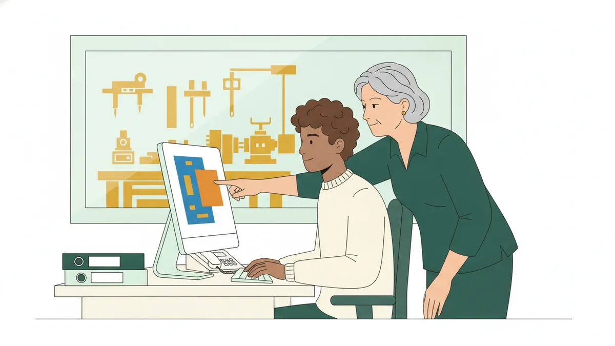 Illustration : dans le bureau d'une petite entreprise, un jeune apprenti prépare un devis sur un ordinateur ; la dirigeante, penchée sur son épaule, montre un chiffre à l'écran ; des classeurs, un téléphone, un atelier visible par la fenêtre.