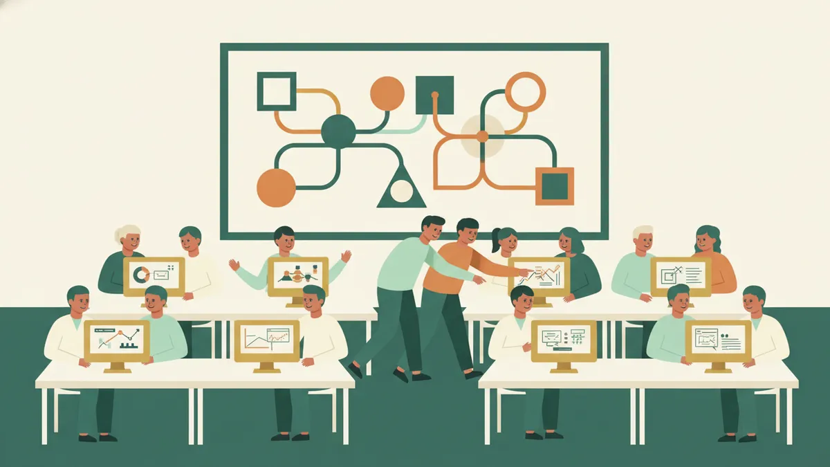 Illustration : dans une salle informatique, des étudiants travaillent par deux sur des écrans de graphiques ; deux enseignants passent ensemble entre les tables et l'un montre quelque chose sur un écran.