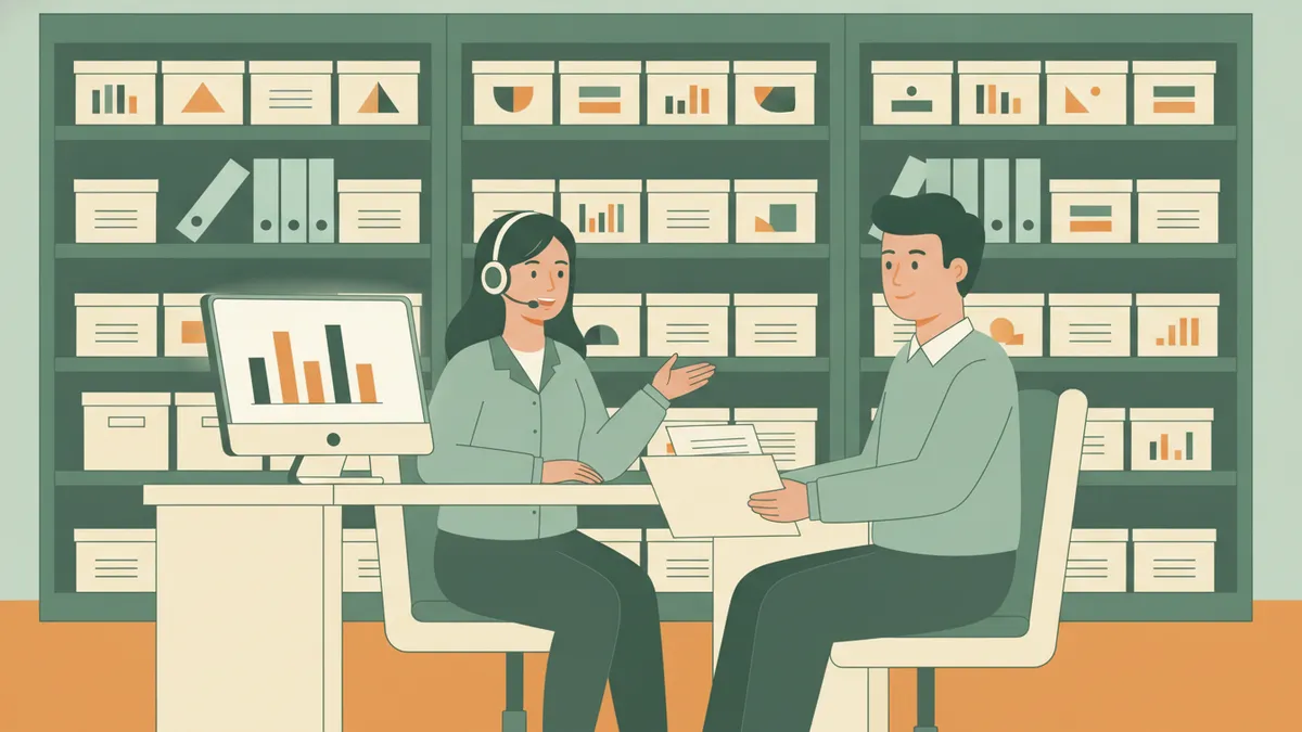 Illustration : dans le bureau d'une petite entreprise, une jeune apprentie avec un casque téléphonique travaille devant un écran de graphiques pendant que son responsable, assis à côté d'elle, lui tend un dossier ; des étagères de boîtes d'archives derrière eux.