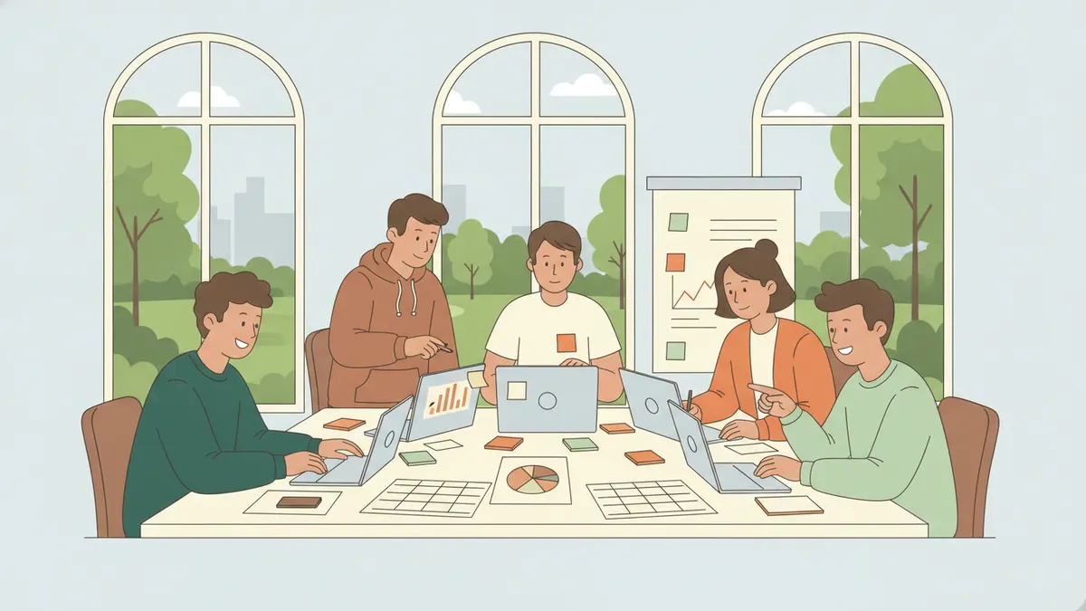 Illustration : cinq étudiants autour d'une grande table travaillent sur un cas d'entreprise avec des ordinateurs portables, des notes autocollantes et des tableaux imprimés ; derrière eux, de hautes fenêtres cintrées donnent sur un parc arboré.