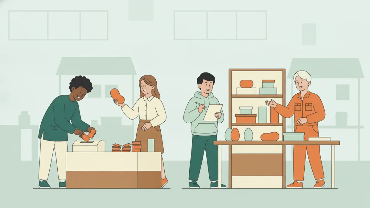 Illustration : quatre étudiants tiennent un petit stand dans le hall d'une école ; l'un s'occupe de la caisse, une autre présente un produit à des visiteurs, un troisième compte le stock sur une feuille.