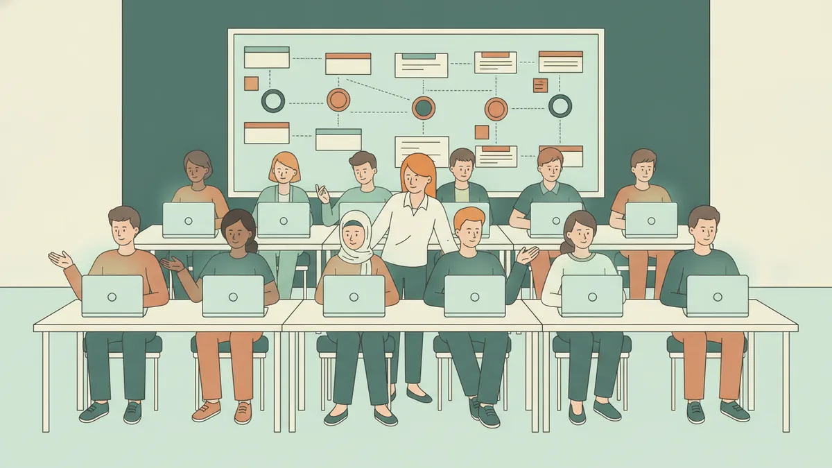 Illustration : une quinzaine d'étudiants travaillent sur ordinateurs portables, une enseignante se penche pour aider l'un d'eux ; au mur, un tableau couvert de fiches reliées par des flèches, comme le plan d'un projet.