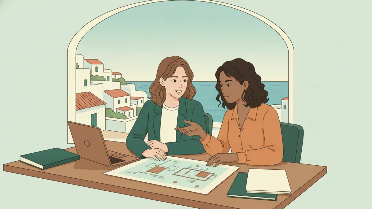 Illustration : une jeune stagiaire et une collègue discutent d'un document posé sur un bureau ; par une fenêtre en arche, des maisons blanches et la mer.