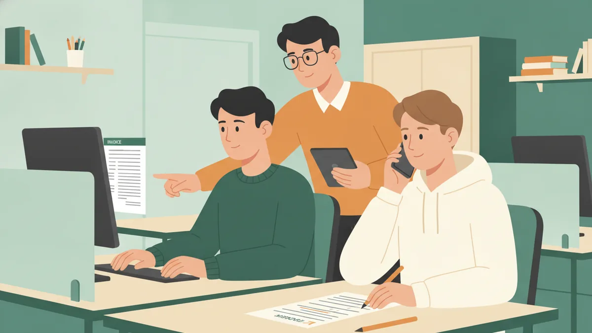 Illustration : dans une salle de cours aménagée comme un bureau, un étudiant prépare une facture sur ordinateur pendant qu'une étudiante téléphone à un fournisseur en cochant une liste de commandes ; un professeur se penche pour les conseiller.