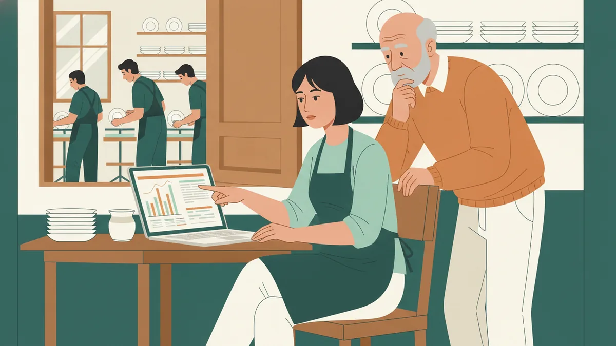 Illustration : une stagiaire assise au bureau d'un atelier familial de porcelaine montre un planning sur son ordinateur portable au patron, penché à côté d'elle ; par une porte vitrée, des artisans émaillent des assiettes blanches.