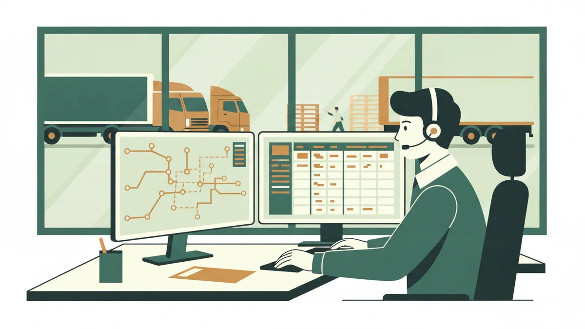 Illustration : un jeune apprenti, casque-micro sur les oreilles, travaille devant deux écrans affichant une carte de tournées et un planning de livraisons ; derrière la vitre, des camions à quai et des palettes.