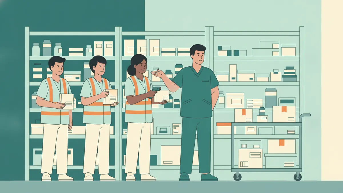 Illustration : dans la réserve logistique d'un hôpital, trois étudiants en gilets orange écoutent un logisticien en tenue médicale devant des étagères de fournitures ; une étudiante scanne un code-barres, un chariot chargé de cartons attend à côté.
