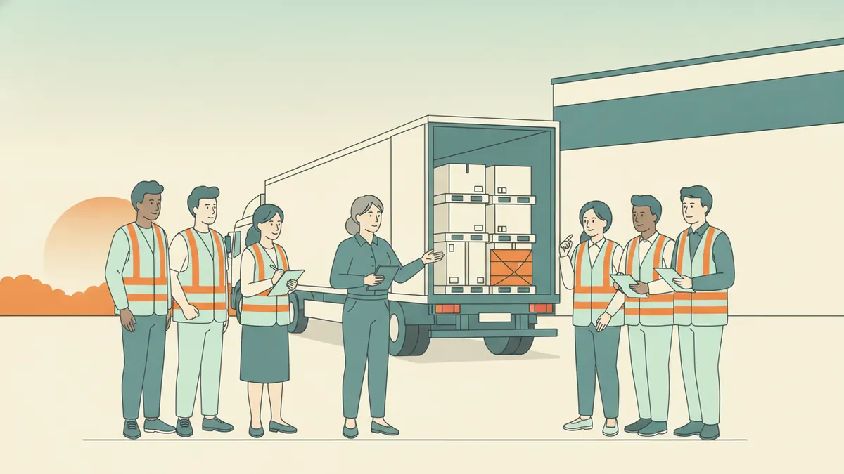 Illustration : un groupe d'étudiants en gilets orange visite la cour d'une entreprise de transport routier ; une responsable leur montre un camion ouvert à quai, chargé de palettes ; une étudiante prend des notes.