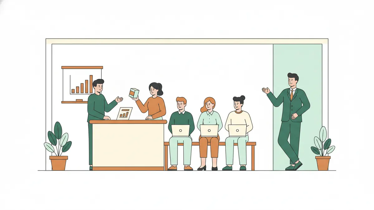 Illustration : dans une petite salle de formation, deux étudiants jouent une scène de vente de part et d'autre d'un comptoir, l'un en client, l'autre en vendeur, sous le regard de camarades qui prennent des notes sur leurs ordinateurs.