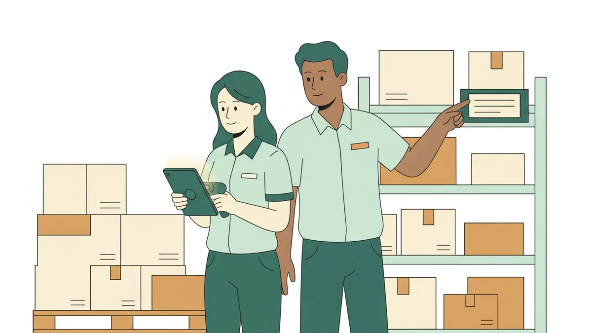Illustration : dans la réserve d'un magasin, une jeune apprentie vérifie une livraison de cartons sur une palette avec une tablette, pendant que son responsable lui montre une étiquette de rayonnage.