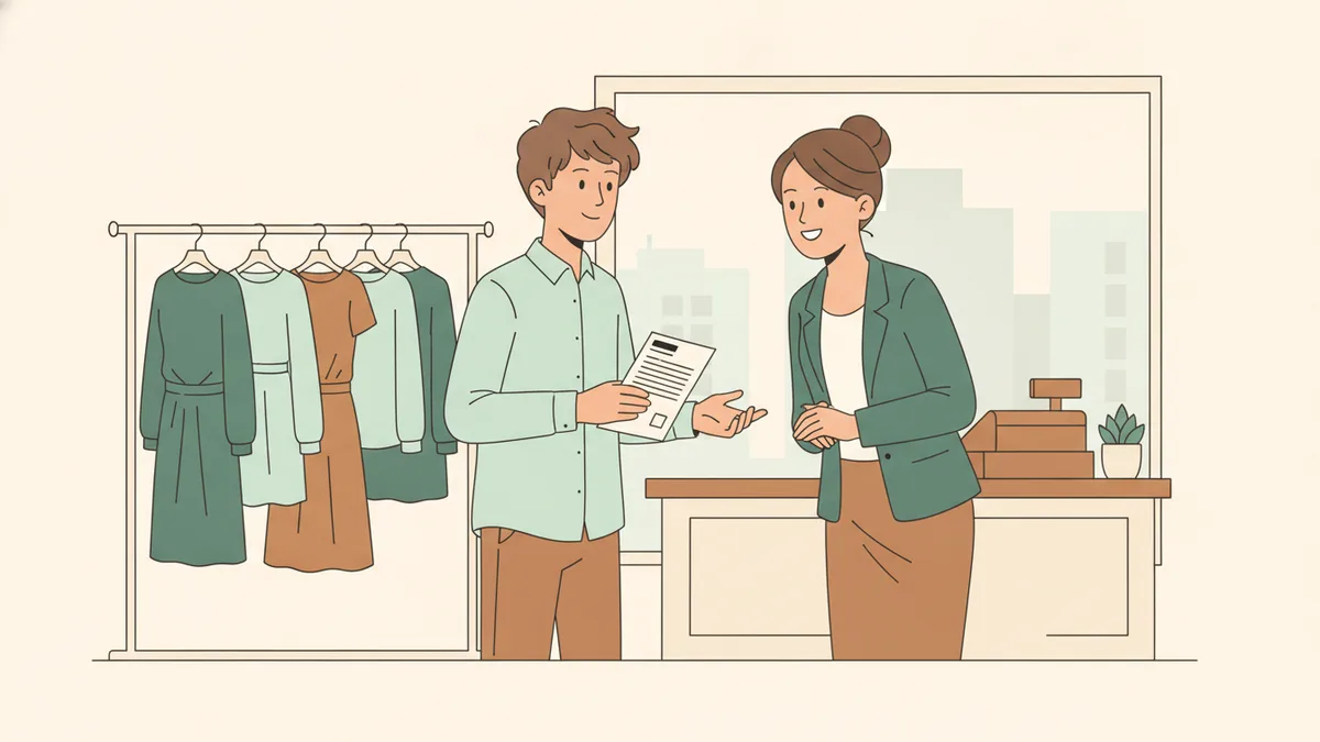 Illustration : un lycéen, CV à la main, se présente à la responsable d'une boutique de vêtements, à côté de la caisse ; elle l'écoute en souriant.