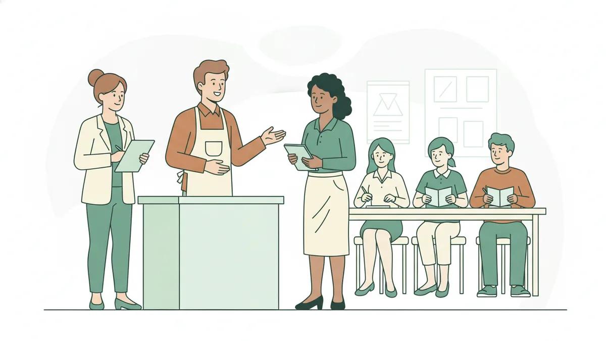 Illustration : dans une salle de cours, un étudiant joue le rôle d'un vendeur face à une camarade qui joue la cliente, autour d'un petit comptoir ; une formatrice et d'autres étudiants prennent des notes.