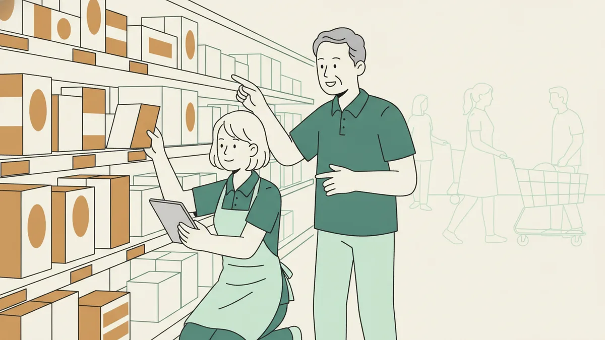 Illustration : une jeune apprentie en polo d'enseigne réorganise un rayon de supermarché avec une tablette à la main, pendant qu'un collègue plus âgé lui montre l'étiquetage des prix.