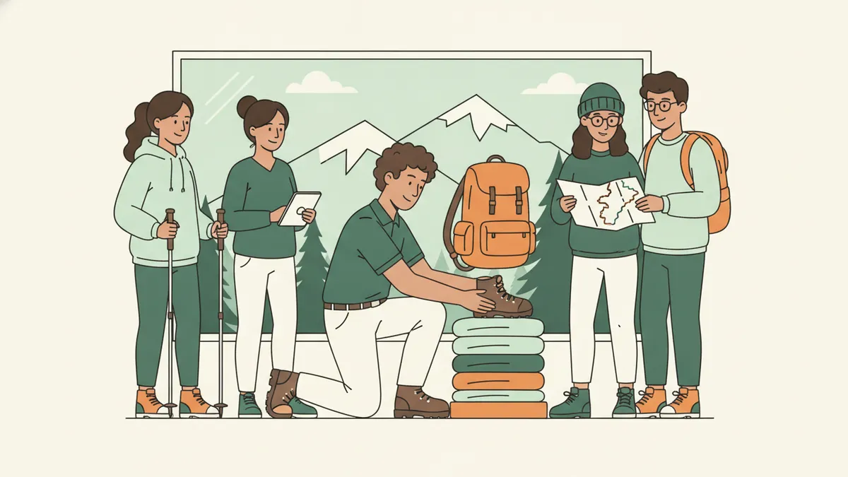 Illustration : dans un magasin de sport de montagne, un apprenti agenouillé installe une présentation de chaussures et de vêtements de randonnée ; autour de lui, des collègues avec une tablette et des clients ; des sommets enneigés apparaissent derrière.