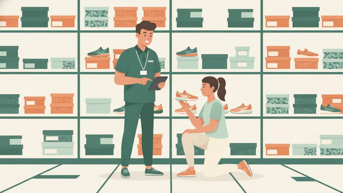 Illustration : dans un magasin de sport, un jeune apprenti avec un badge et une tablette conseille une cliente accroupie qui essaie des chaussures de course, devant des rayonnages de boîtes colorées.