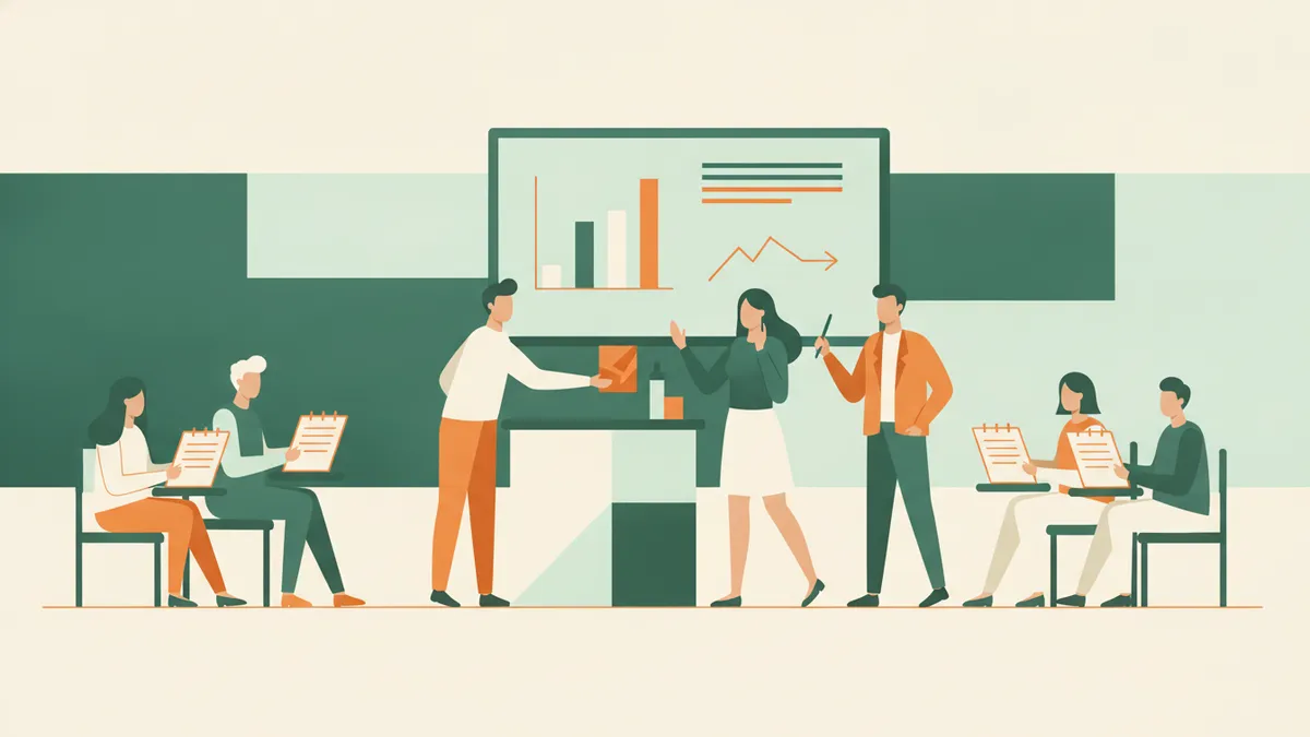 Illustration : dans une salle de cours, deux étudiants jouent une simulation de vente devant un comptoir, l'un vendeur, l'autre client, pendant que leurs camarades et un enseignant prennent des notes ; au tableau, des graphiques en barres.