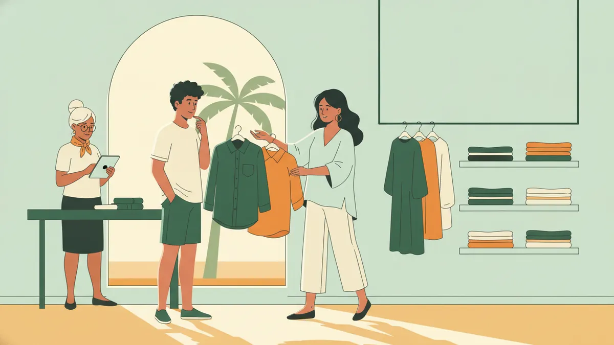 Illustration : dans une boutique de vêtements lumineuse, une jeune apprentie conseille un client qui hésite entre deux chemises ; au fond, une responsable vérifie le stock sur une tablette ; un palmier devant la vitrine.