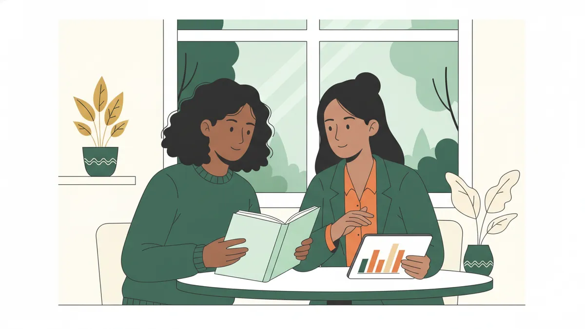 Illustration : une étudiante et sa référente assises à une petite table ; la référente montre un graphique en barres sur une tablette, l'étudiante tient un carnet ; des plantes et une fenêtre.