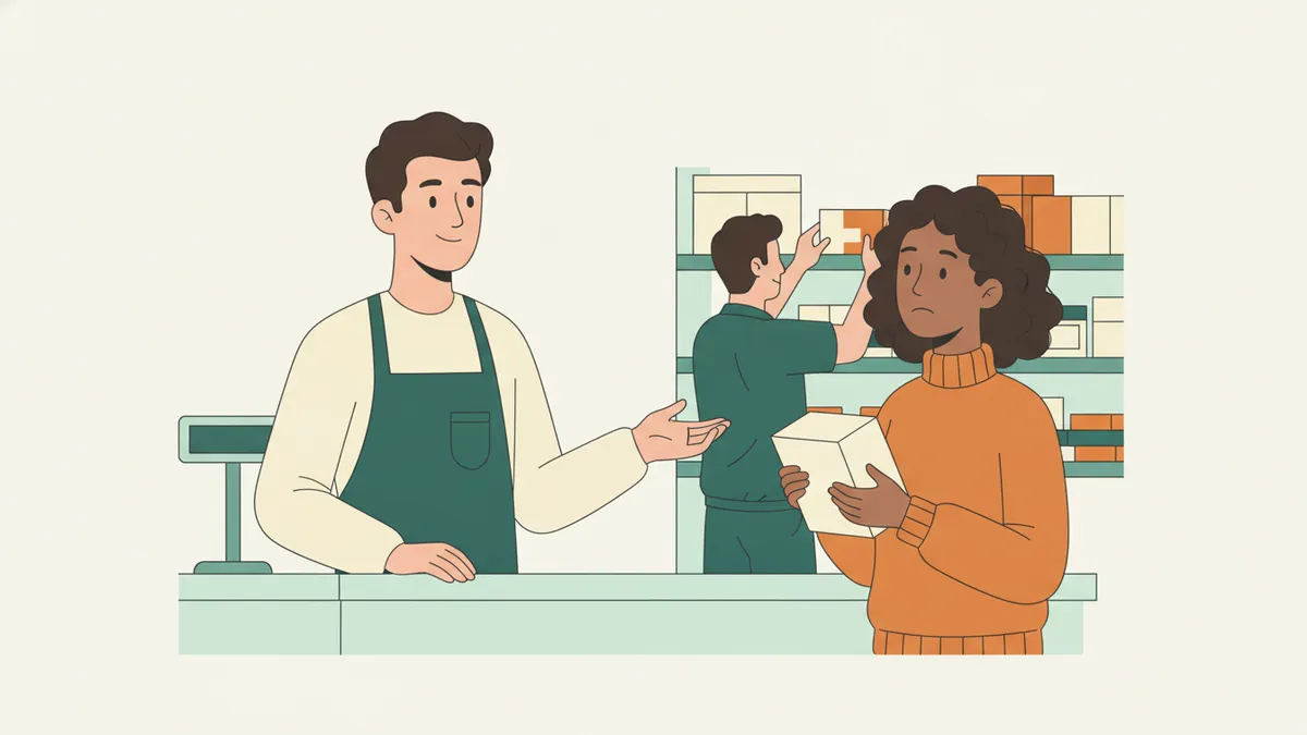 Illustration : au comptoir d'un magasin, un jeune apprenti écoute calmement une cliente qui tient un colis, pendant qu'un collègue range un rayon en arrière-plan.