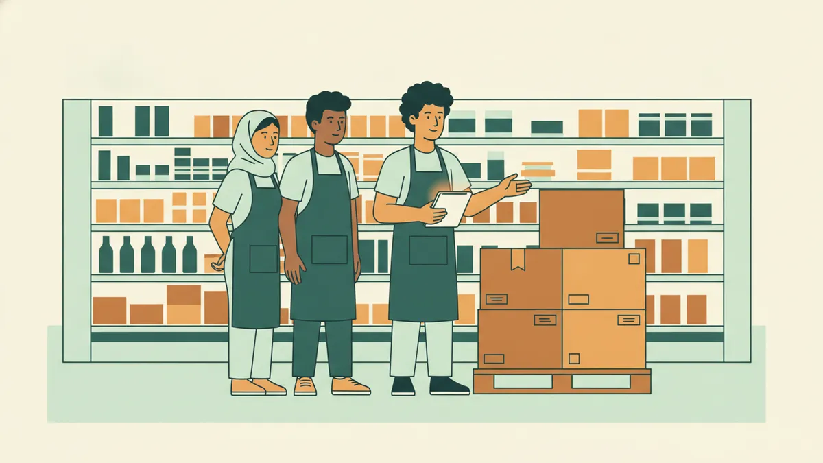 Illustration : tôt le matin dans l'allée d'un supermarché, un jeune apprenti adjoint, tablette en main, fait le point avec deux employées à côté d'une palette de cartons, devant des rayons remplis de produits colorés.