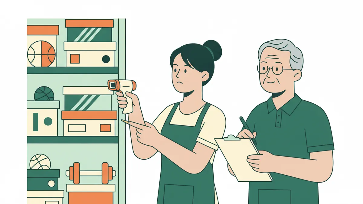 Illustration : dans un magasin de sport, une jeune apprentie scanne des boîtes de chaussures avec un lecteur de codes-barres pour l'inventaire, à côté d'un collègue plus âgé qui coche une liste sur un porte-documents.