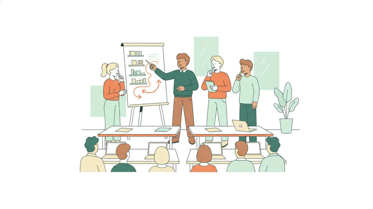 Illustration : pendant une semaine de cours intensive, quatre étudiants debout devant un tableau de papier présentent à leur classe le plan d'une animation commerciale en magasin, avec des rayons dessinés et des flèches.