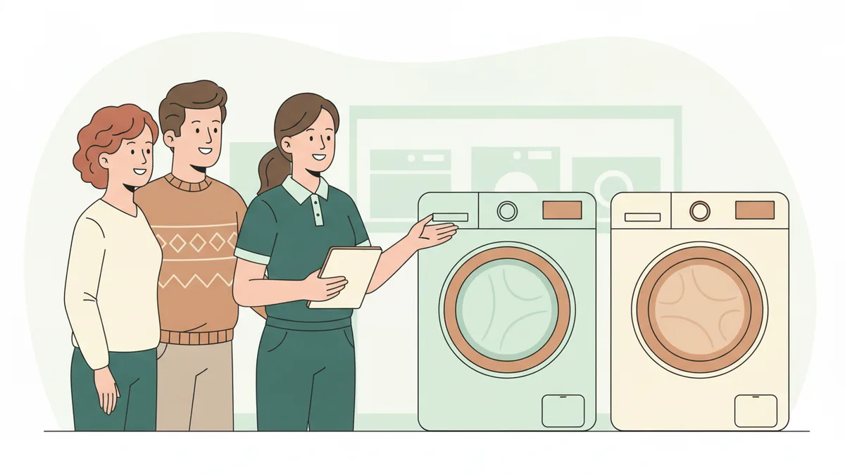 Illustration : dans un magasin d'électroménager, une jeune apprentie en polo de l'enseigne explique à un couple les différences entre deux lave-linge, une tablette à la main.