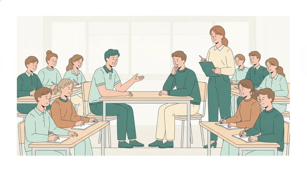 Illustration : dans une salle de cours, deux étudiants jouent une scène de vente, l'un en vendeur, l'autre en client ; une formatrice et le reste du groupe observent et prennent des notes.