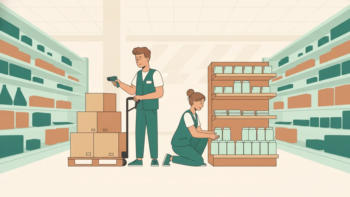 Illustration : tôt le matin, un apprenti en gilet de magasin vérifie un stock avec un lecteur de codes-barres pendant qu'une collègue installe une tête de gondole de produits en promotion.