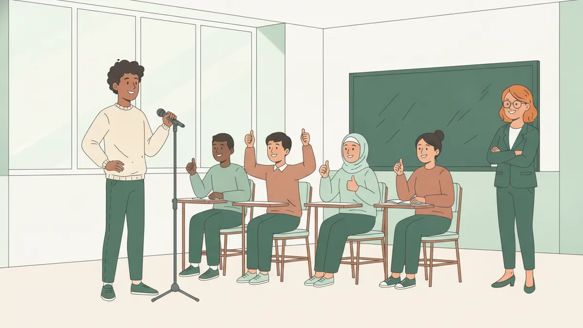 Illustration : dans une salle claire, un étudiant debout s'entraîne à parler au micro devant un petit groupe de camarades assis qui l'encouragent du pouce levé ; une coach sourit sur le côté.