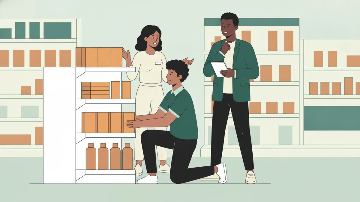 Illustration : dans un magasin, un jeune apprenti en polo agenouillé installe des produits en tête de gondole et échange avec une collègue, tandis qu'un responsable, tablette à la main, observe la mise en rayon.