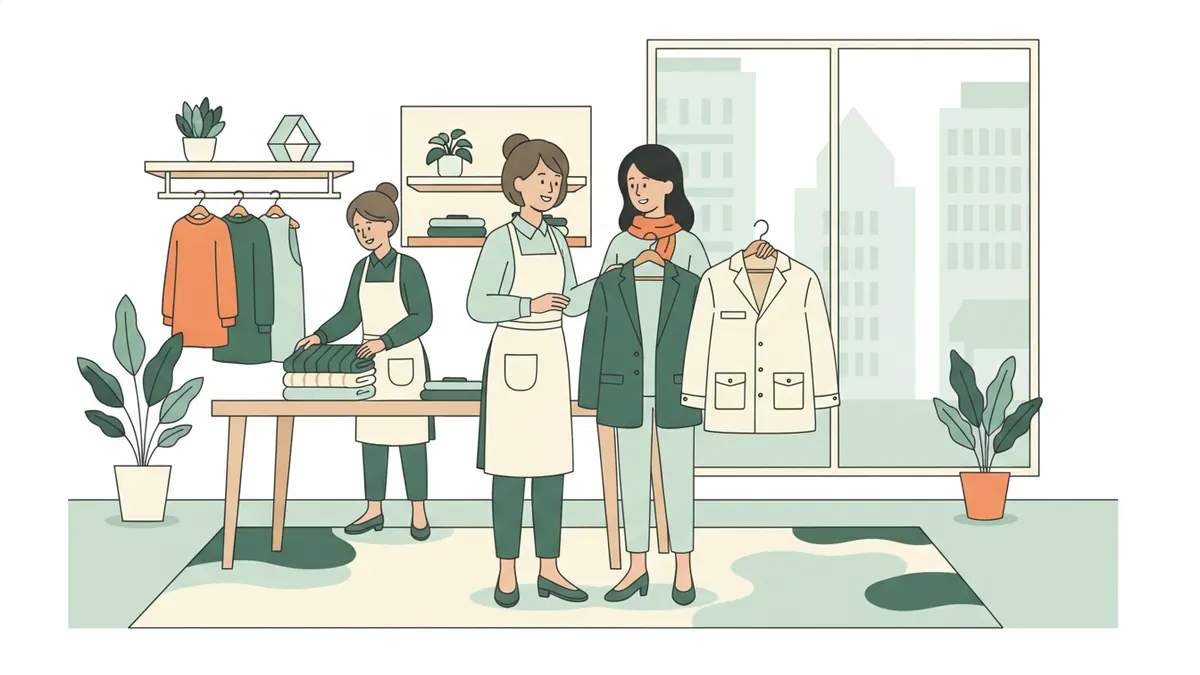 Illustration : dans une boutique de vêtements, une jeune apprentie conseille une cliente qui hésite entre deux vestes, pendant qu'une autre apprentie replie des pulls sur une table derrière elles.