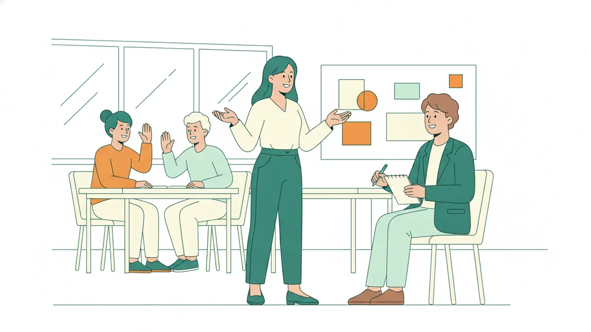 Illustration : lors d'un atelier de coaching, une étudiante debout s'entraîne à présenter son pitch devant une coach assise qui prend des notes, pendant que deux autres étudiants répètent ensemble au fond de la salle.