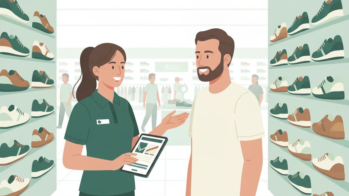 Illustration : dans un magasin de sport lumineux, une jeune apprentie avec un badge conseille un client devant un mur de chaussures de course, une tablette à la main.