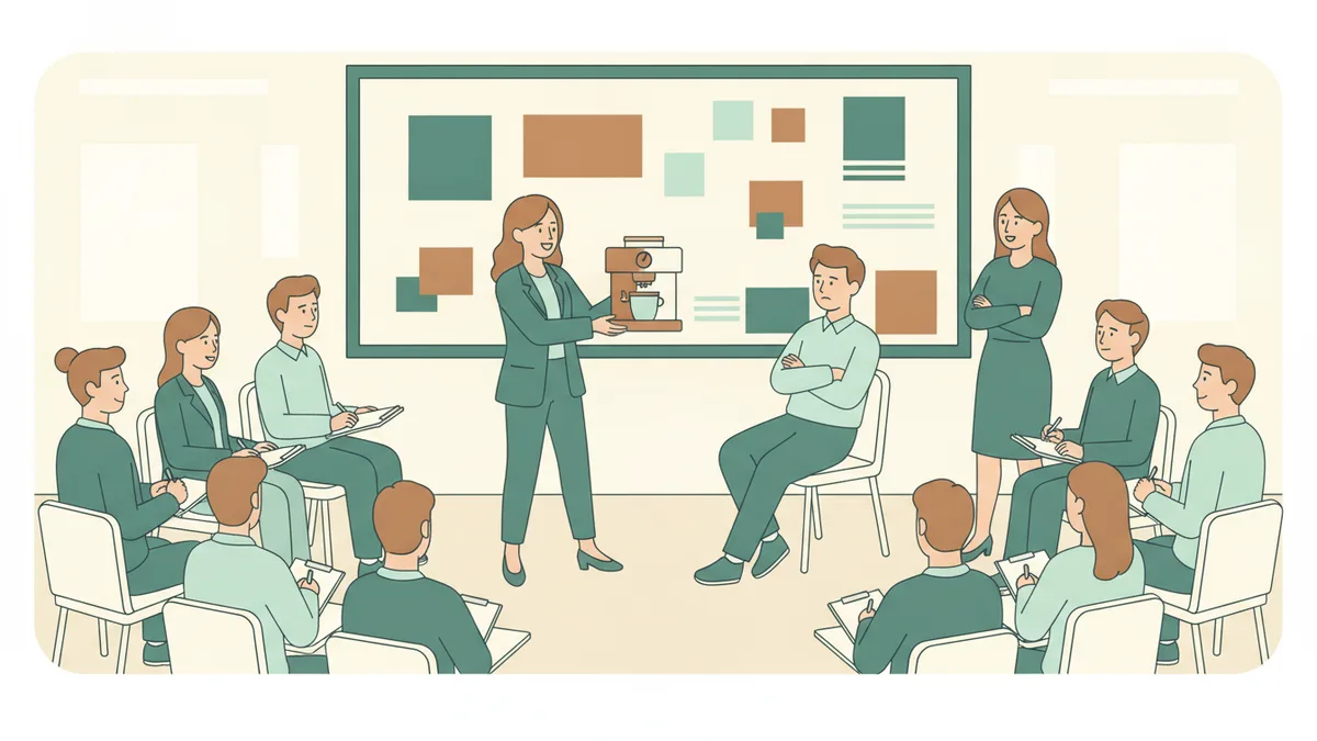 Illustration : dans une salle de cours moderne, deux étudiants jouent une scène de vente devant leur promotion ; l'un tient un produit, l'autre joue le client sceptique ; les autres notent sur une grille d'évaluation.
