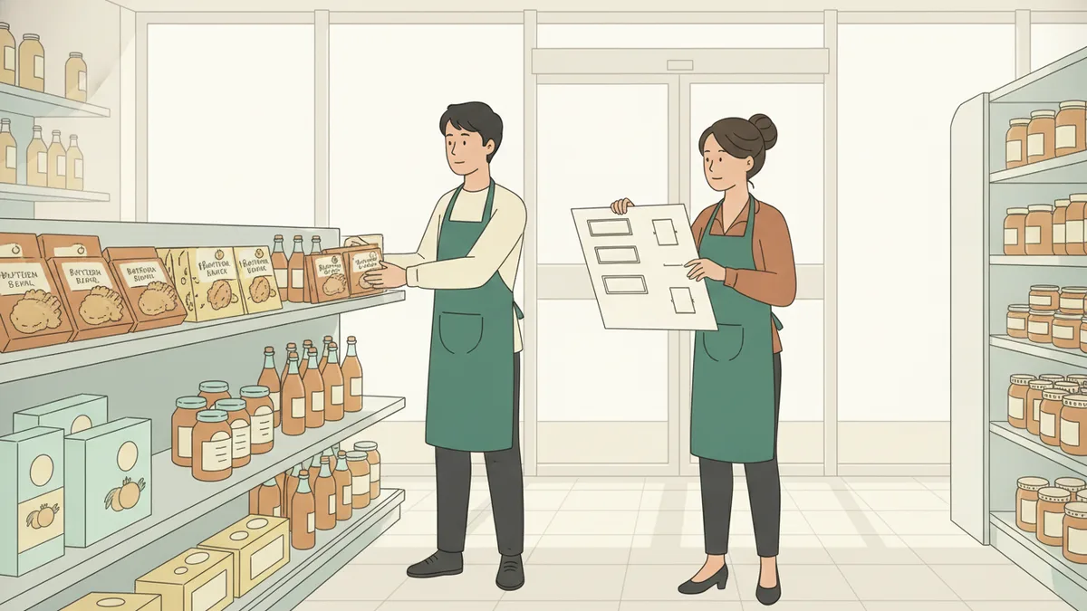 Illustration : tôt le matin dans une supérette, un jeune apprenti réorganise une tête de gondole de produits locaux pendant que sa responsable lui montre un plan d'implantation sur une feuille.