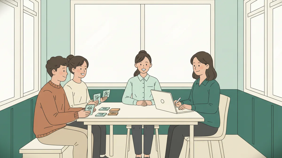 Illustration : dans une petite salle, une lycéenne en chemise s'entraîne à un entretien d'embauche face à une chargée d'admission qui prend des notes ; deux autres jeunes observent et préparent leurs questions.