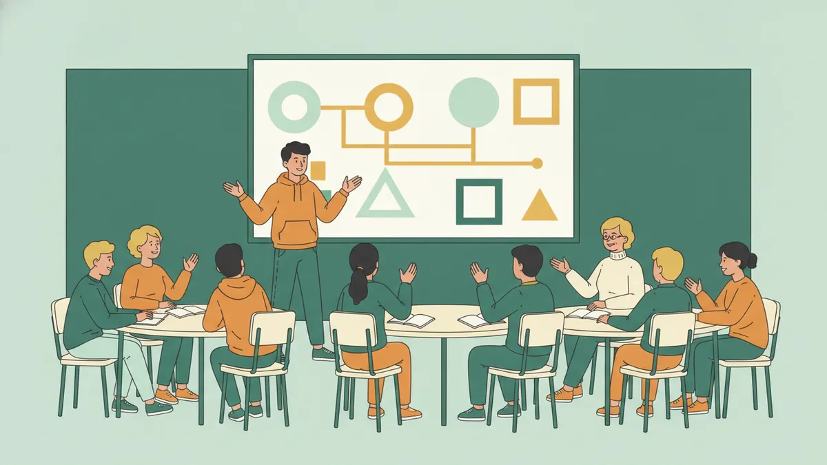 Illustration : dans une salle de classe, un étudiant debout présente un plan d'action sur un grand écran fait de formes et de schémas, devant ses camarades assis en petits groupes autour de tables, qui applaudissent ; l'enseignante est assise parmi eux.