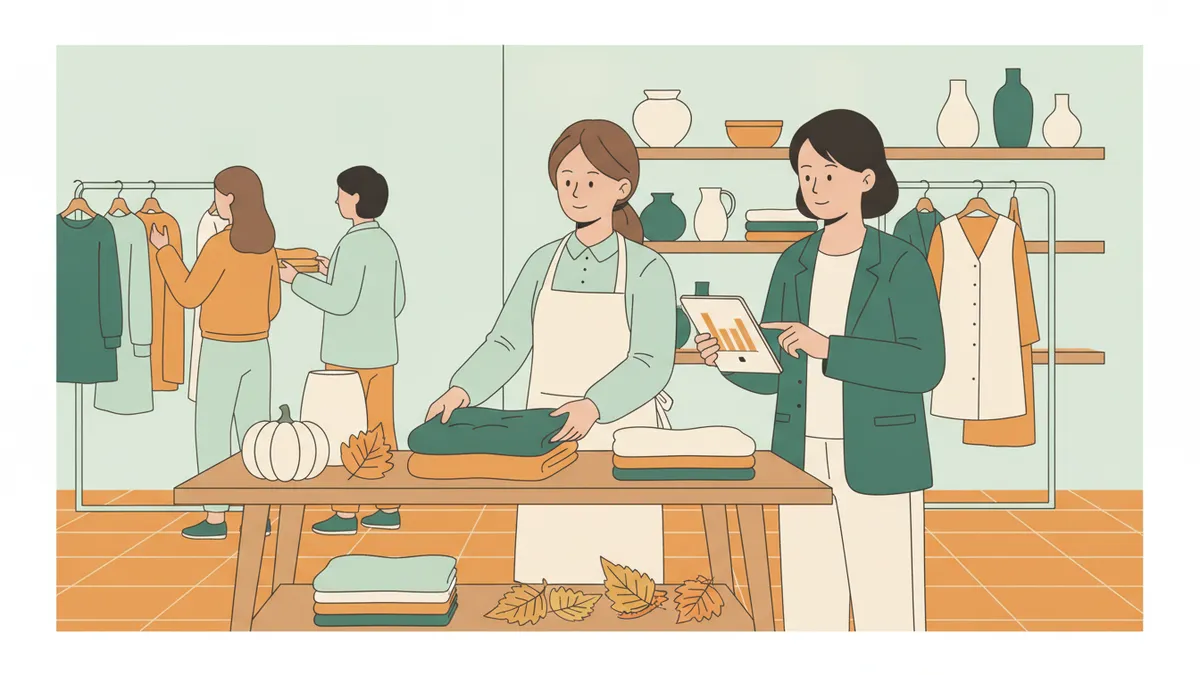 Illustration : dans une boutique de vêtements et d'objets pour la maison, une jeune apprentie en tablier plie des pulls sur une table de présentation d'automne, pendant que sa responsable lui montre un graphique de ventes sur une tablette ; des clientes regardent les portants derrière elles.
