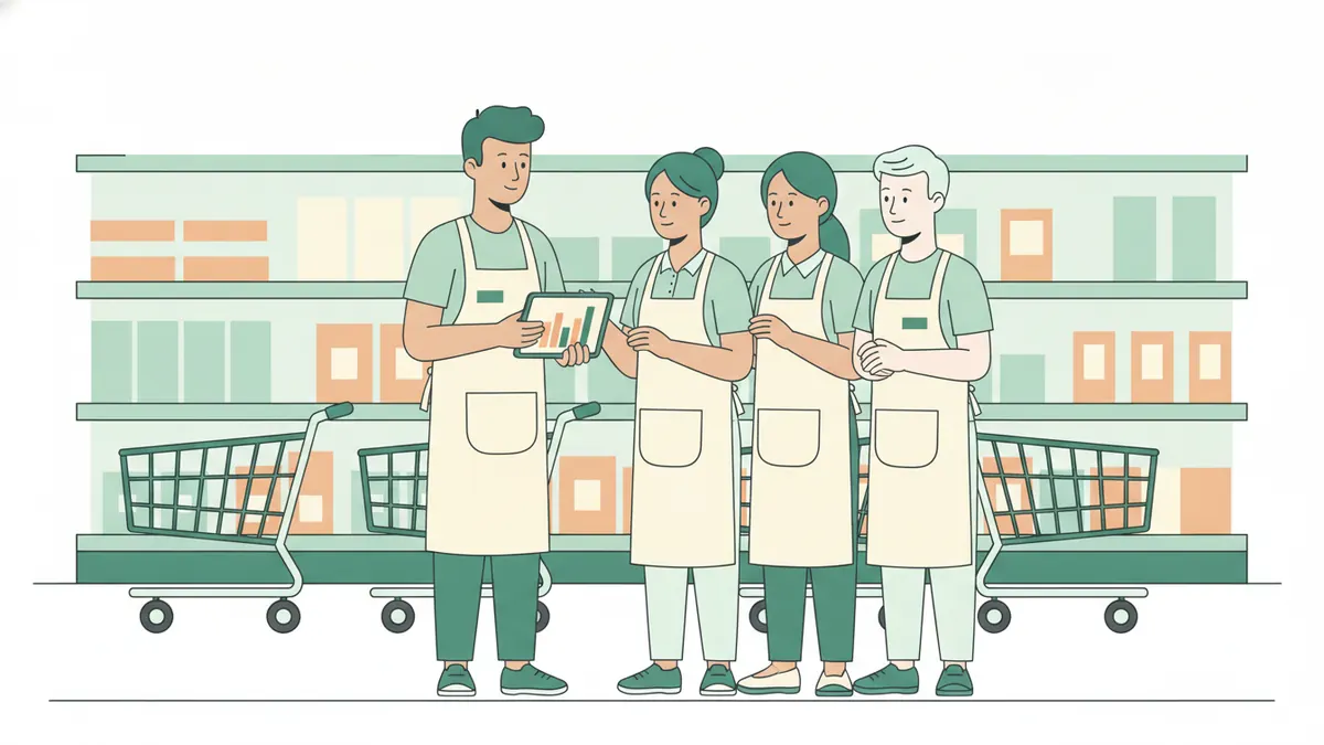 Illustration : dans une allée de supermarché, un jeune apprenti en tablier anime un point d'équipe du matin ; il montre des graphiques de ventes sur une tablette à trois collègues qui l'écoutent.