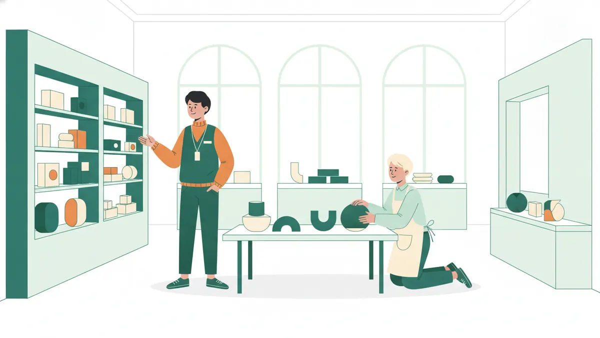 Illustration : dans une boutique lumineuse, un jeune apprenti vendeur conseille un client près d'un rayon, pendant qu'une autre apprentie réorganise un présentoir sur une table.