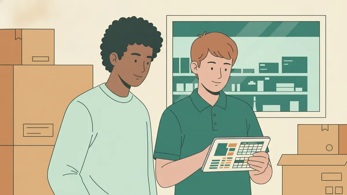 Illustration : dans la réserve d'un magasin, entre des cartons de stock, un étudiant et le responsable du magasin regardent ensemble une tablette affichant des graphiques de ventes et un planning d'équipe en blocs de couleur ; par une vitre, on aperçoit les rayons.